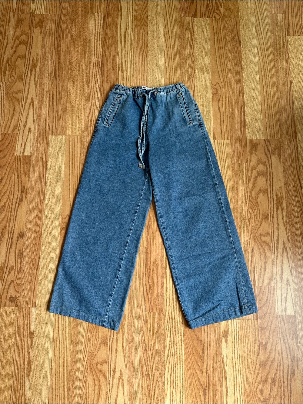 Zara Wide Leg Blue Denim Drawstring Pants